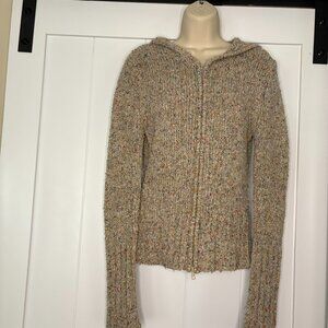 Vanity zip hooded sweater, beige with flecks of red blue orange & purple, M